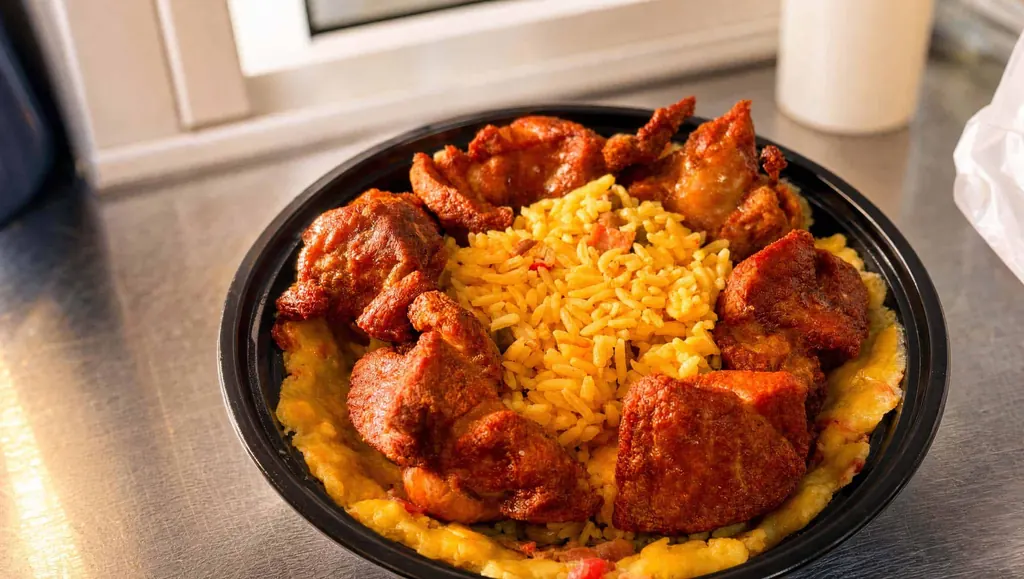 Mofongo bowl piled high with golden, crispy carne frita from Boricua Delight